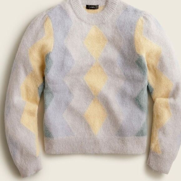 J. Crew blue and yellow argyle alpaca wool crewneck sweater - Picture 2 of 9